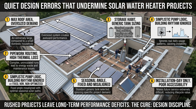 Common solar water heater design mistakes including oversized collector area, poor pipework routing, generic tank sizing, and simplistic pump logic